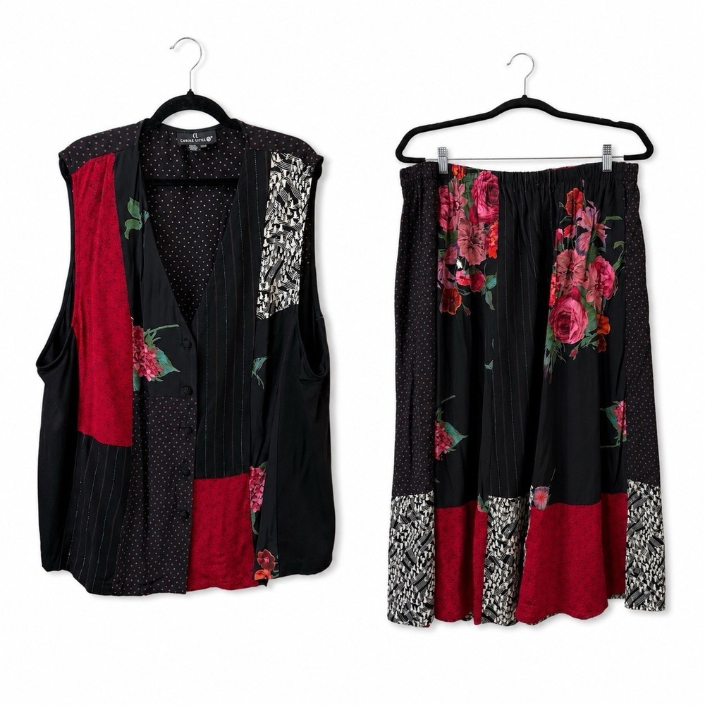 Vtg Carole Little Women 2 pc Vest & Skirt Set Floral Artsy Patchwork Sz 22 & 24